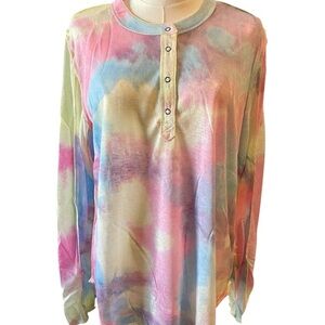 Umgee Tie-Dye Long Sleeve Henley Top - Pastel Pink & Blue, Sz L, NWT